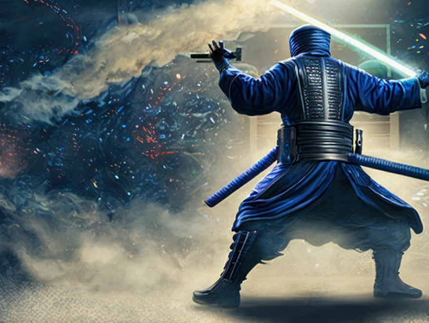 Modern ninja fighting with android guards and light saber, background is a laboratory, time machine is visible