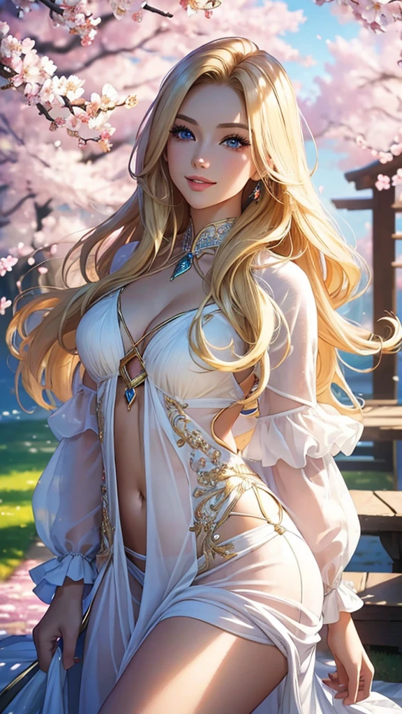 (best quality,ultra-detailed,photo-realistic:1.37),bright and vibrant colors,studio lighting,playful expression,stylish makeup,long blonde hair flowing in the wind,alluring eyes,glossy lips,sexy pose, Cherry Blossom, smiling in a confident and seductive way,posing for a professional photoshoot,shallow depth of field,highlighting the main subject,soft natural lighting,creating a dreamy and magical atmosphere.
