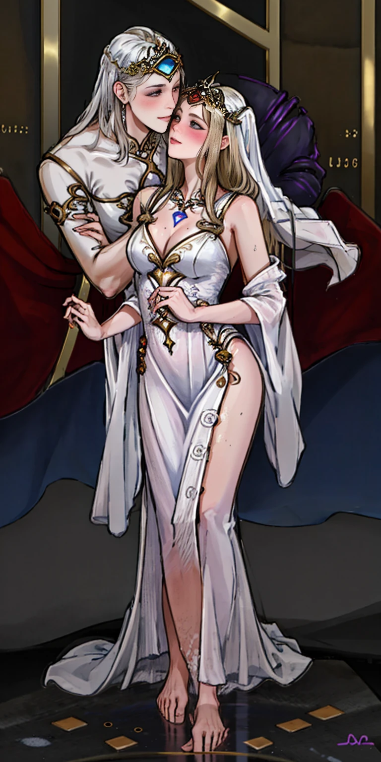 Body position: Standing, straight, symmetrical, barefoot, Lustful smile on face with red blush, 2 girls who gets married and stands in front of many people, nsfw, kissing