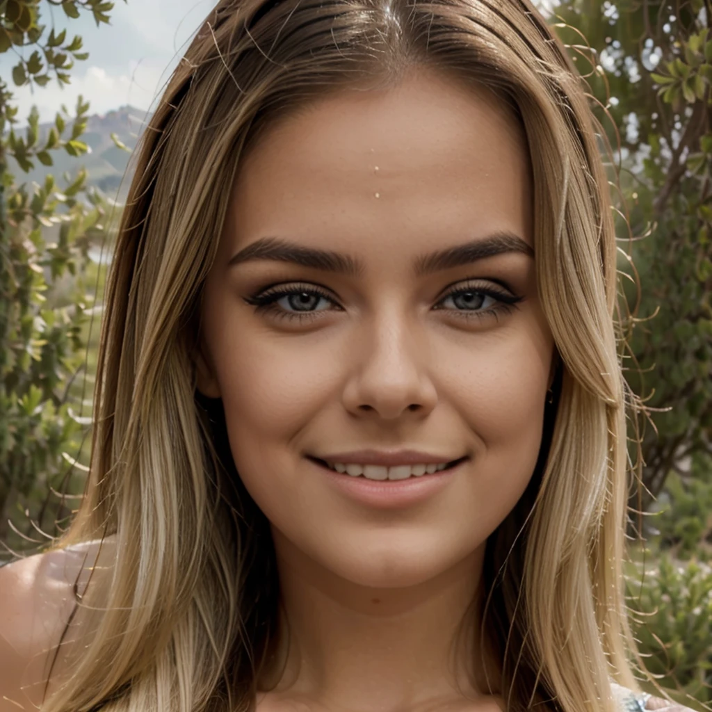 (masterpiece. full definition, full realism, high definition, maximum resolution, maximum quality, maximum realism, epic realism, RAW, 16k) hyperrealistic portrait, fully realistic, 16k, maximum face detail, ultra-defined skin details, perfect face , ultra-detailed honey-colored eyes, staring at the shutter, perfect beautiful flirty smile, ultra-detailed lips, highly-detailed eyebrow, ultra-detailed eyelashes.