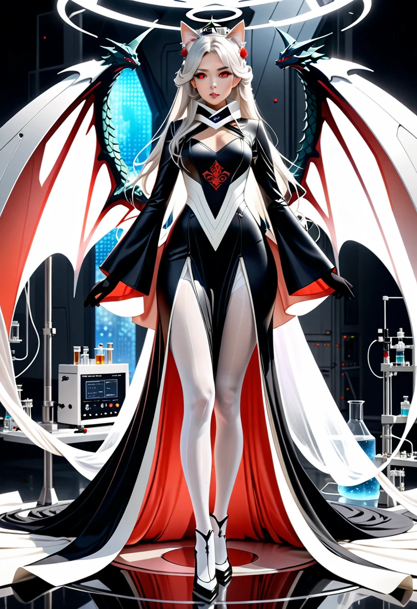 masterpiece, highest quality, highest resolution, clear_image, photo realistic, detailed details, White hair, long hair, cat ears, 1 girl, red eyes, imperial wedding dress, white pantyhose, white scarf (around the neck), gray futuristic halo, futuristic dragon wings, beautiful, full body, no water marks, laboratory, no extra limps, no extra body