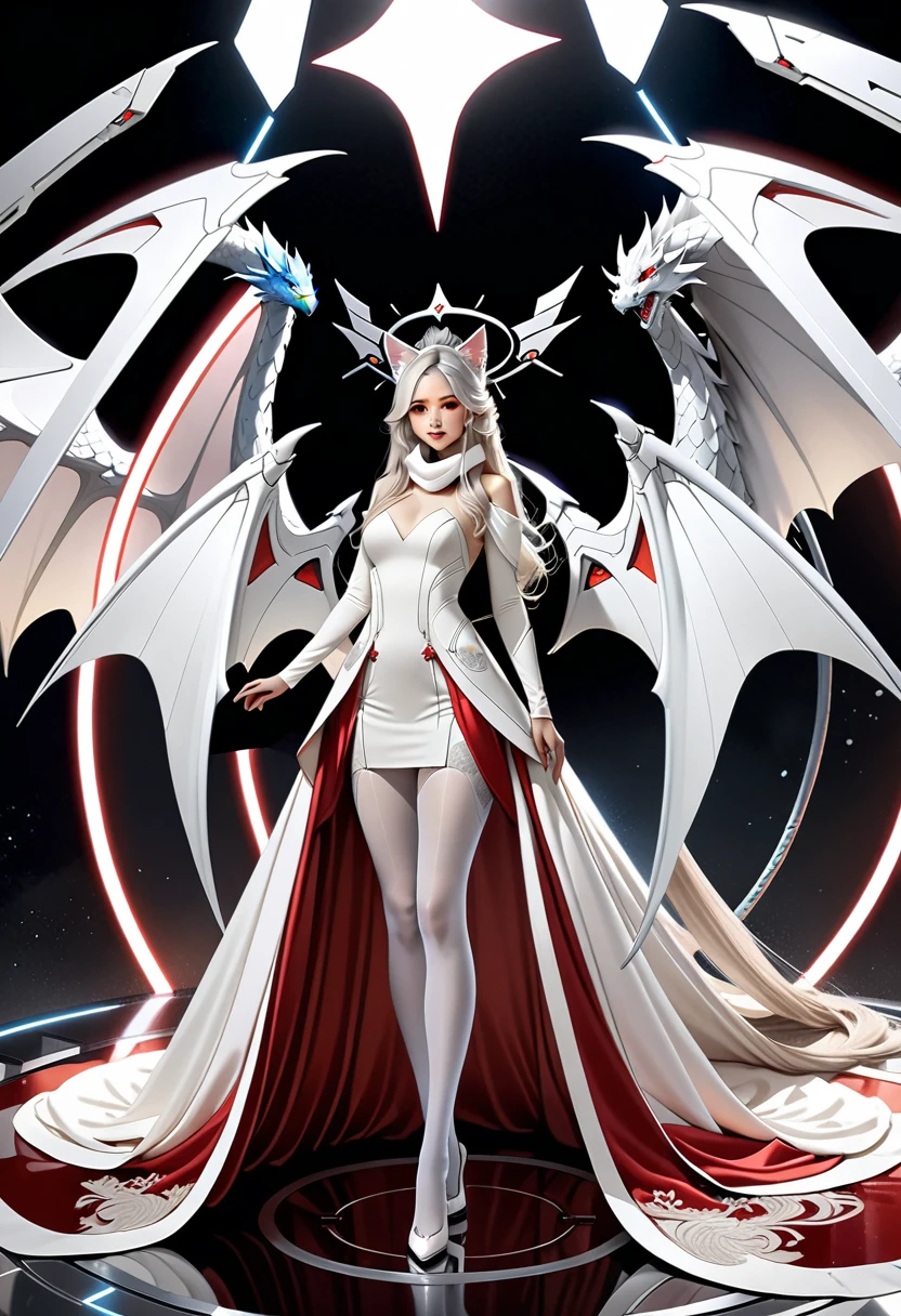 masterpiece, highest quality, highest resolution, clear_image, photo realistic, detailed details, White hair, long hair, cat ears, 1 girl, red eyes, imperial wedding dress, white pantyhose, white scarf (around the neck), gray futuristic halo, futuristic dragon wings, beautiful, full body, no water marks, laboratory, no extra limps, no extra body