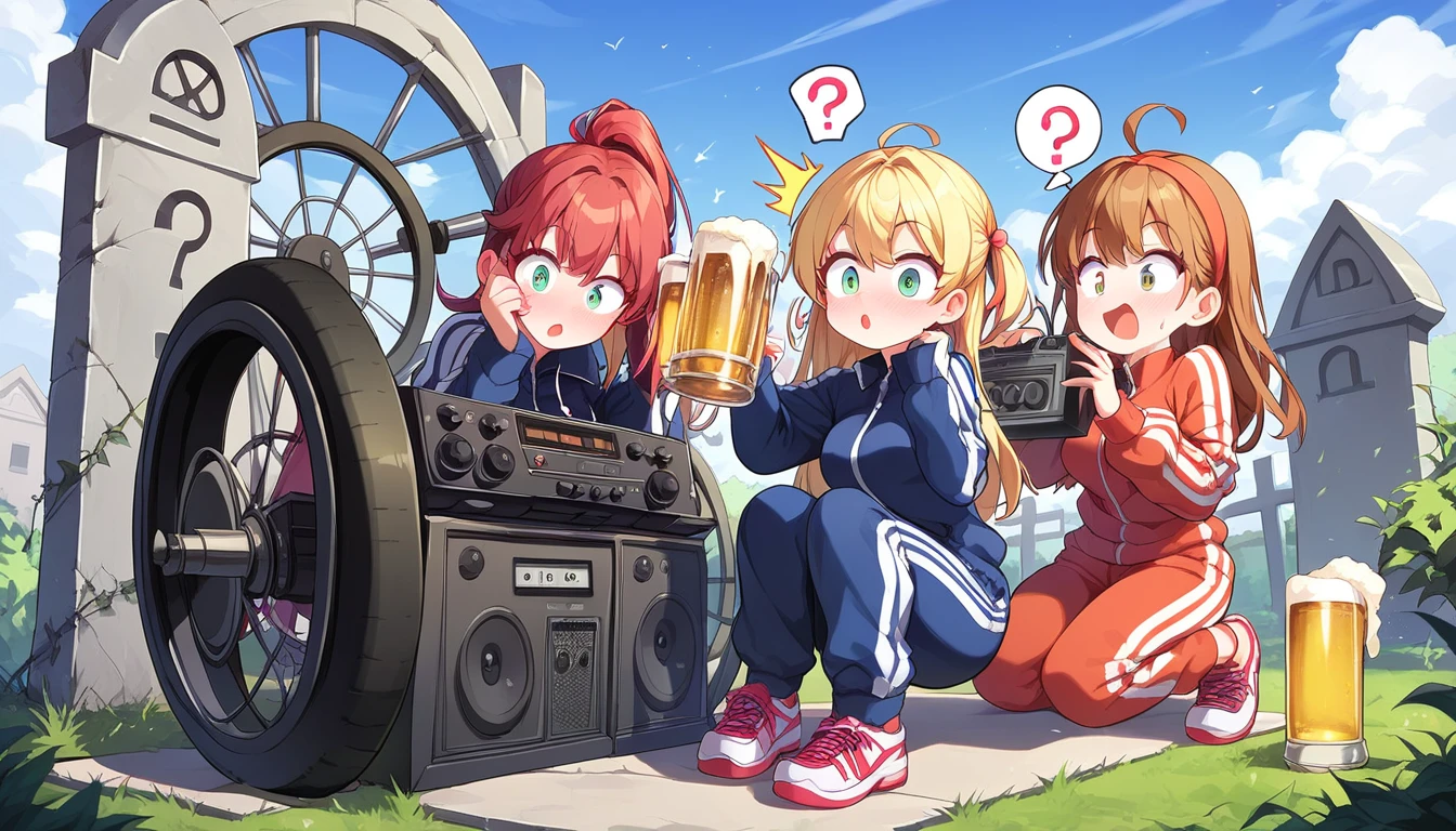 ((2girls:1.3)), ((tracksuit:1.3)), ((boombox:1.3)), ((cartwheel:1.3)), ((gravestone:1.3)), ((full body:1.3)), ((surprised face:1.3)), ((question mark:1.3)), ((beer bottle:1.3)), ((drinking:1.3)), ((moe style:1.3)), ((perfect face)), ((extremely cute:1.3)), ((masterpiece:1.3)), ((8k)), ((best quality:1.3)), ((beautiful)), ((extremely detailed:1.3)) , ((absurdres)), AddXL, ((score_9:1.3)), ((score_8_up:1.3)), ((score_7_up:1.3)), Expressiveh 
