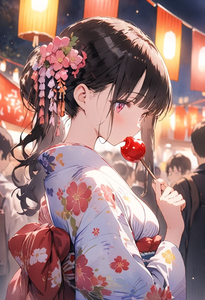 cute girl, yukata, watercolor, clear, anime style illustration, cute illustration, beautiful detail, fain touch outline, cute girl is eating a apple candy, りんご飴、 delicious looking, japanese festival, night, cute illustration, (best quality, top quality, masterpiece, ultra detailed:1.3), beautiful detail