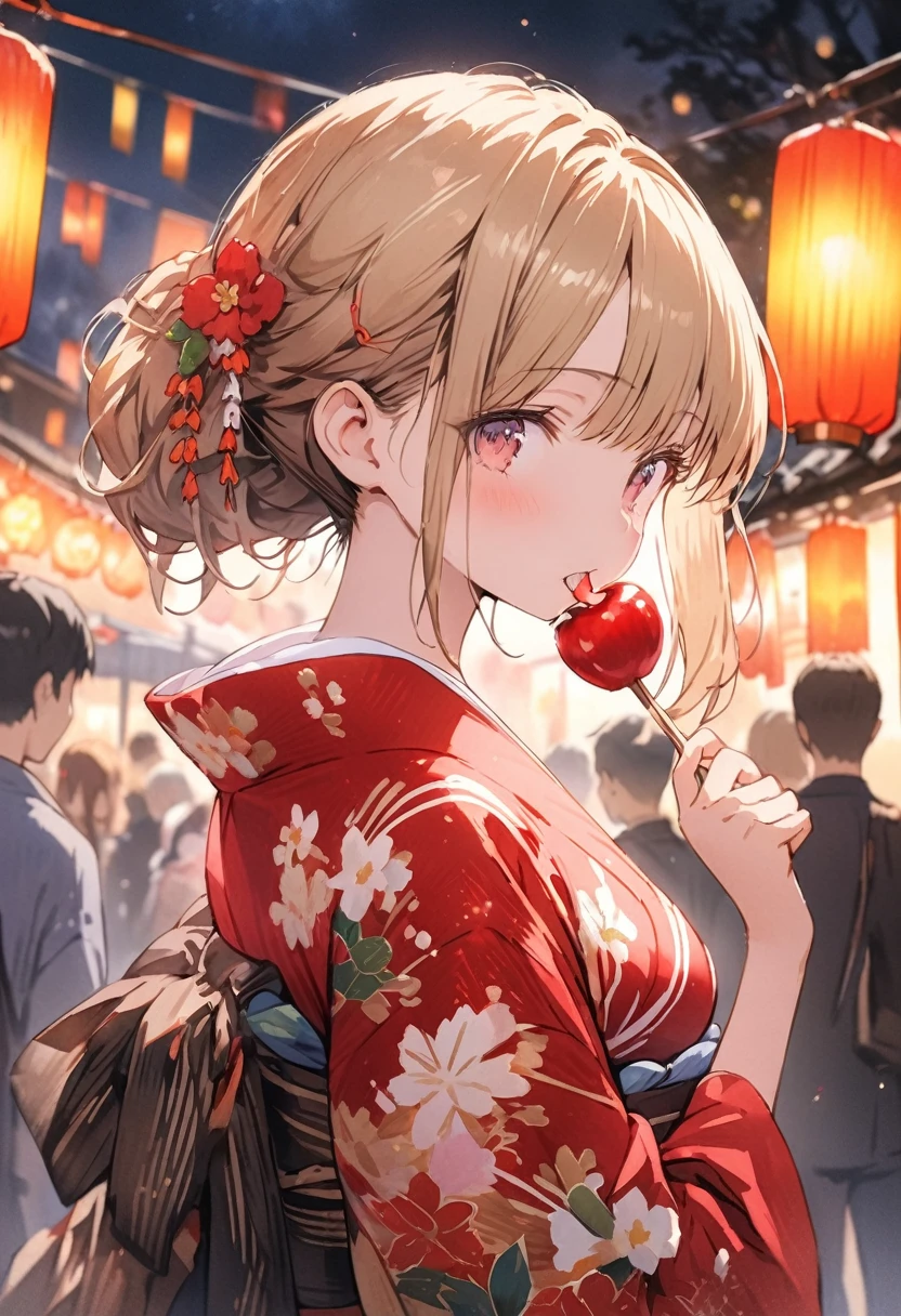 cute girl, yukata, watercolor, clear, anime style illustration, cute illustration, beautiful detail, fain touch outline, cute girl is eating a apple candy, りんご飴、 delicious looking, japanese festival, night, cute illustration, (best quality, top quality, masterpiece, ultra detailed:1.3), beautiful detail