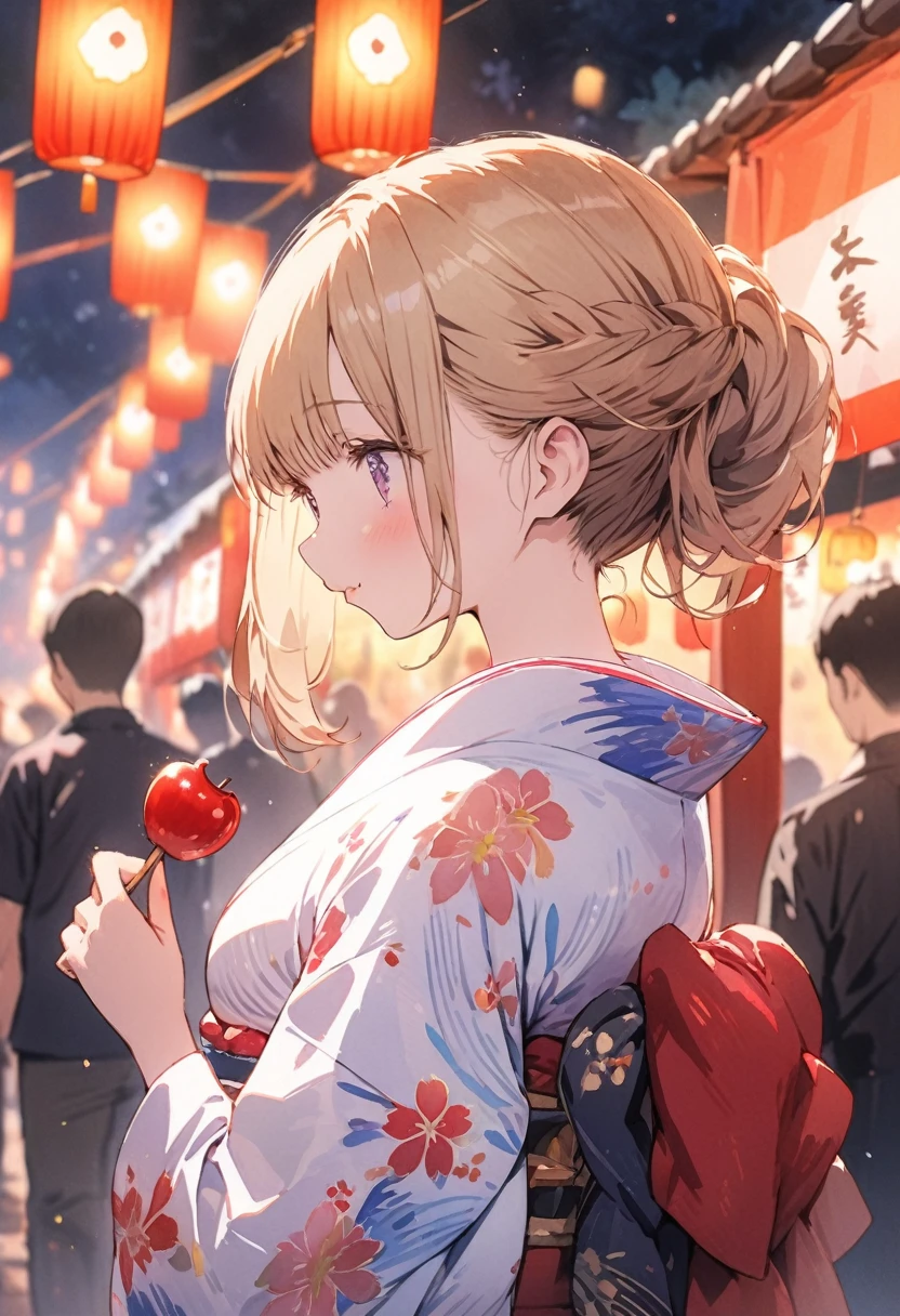 cute girl, yukata, watercolor, clear, anime style illustration, cute illustration, beautiful detail, fain touch outline, cute girl is eating a apple candy, りんご飴、 delicious looking, japanese festival, night, cute illustration, (best quality, top quality, masterpiece, ultra detailed:1.3), beautiful detail
