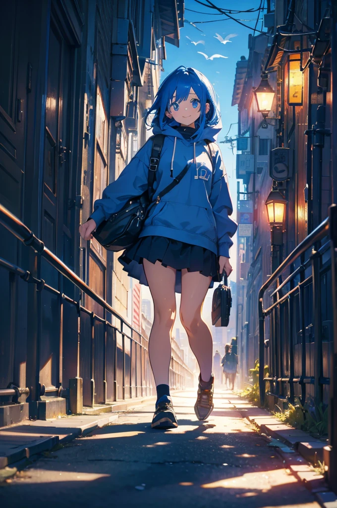 (masterpiece), (high resolution 8K), professional illustration, 1 girl, late age, walking, turn around, arched back, full body, dutch angle, bird's eye view, hoody, mini-skirt, back pack, blue hair, smile, looking away, cityscape in Tokyo, night, high contrast, professional lighting, stunning face, symmetrical clear eyes, detailed eyes and face