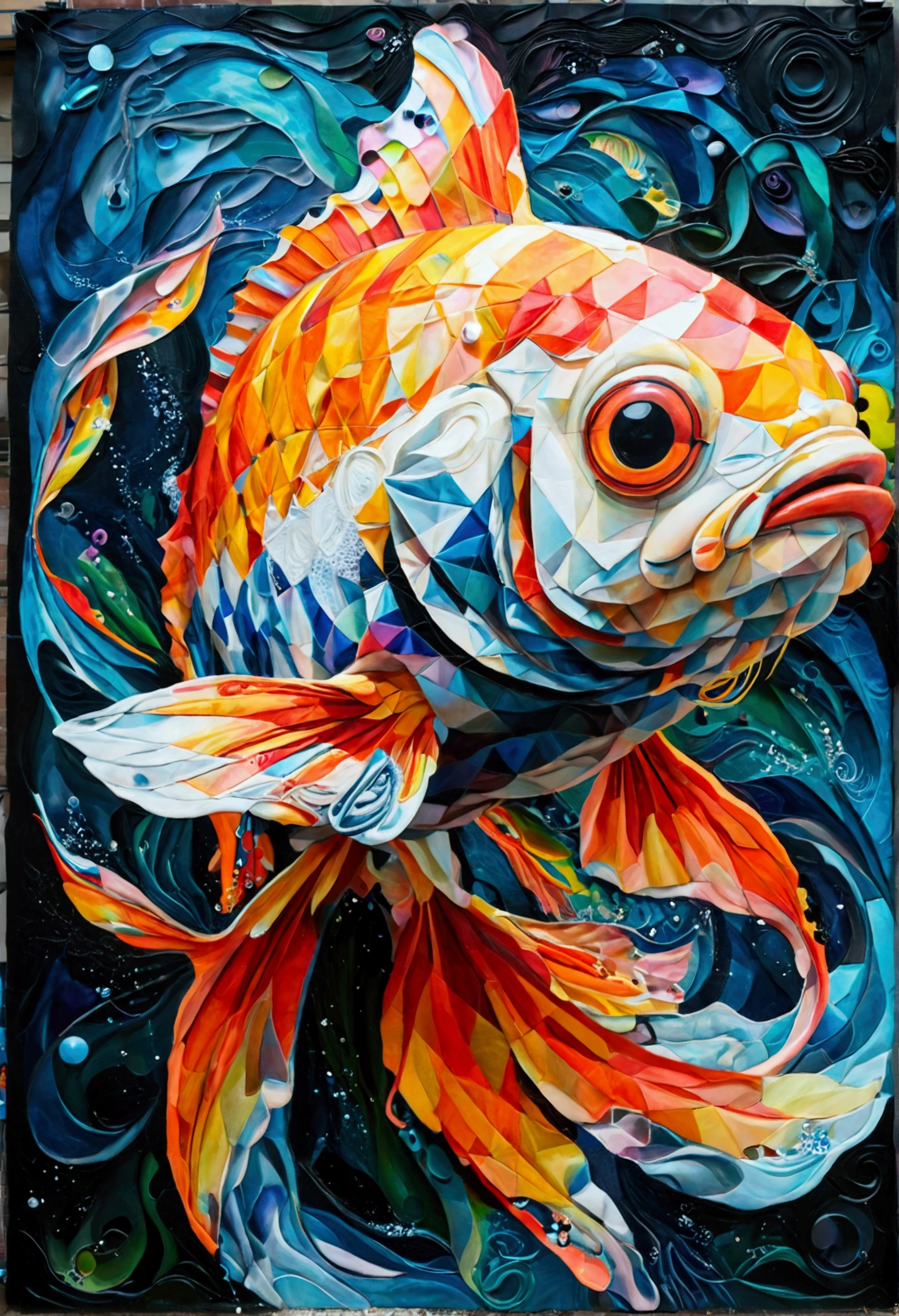 ( A FISH  ),(best pose),(best angle), (best expression), Eduardo Kobra quilting ,multidimensional geometric wall PORTRAIT, until, chibi,o 08k, comely, Coloring,