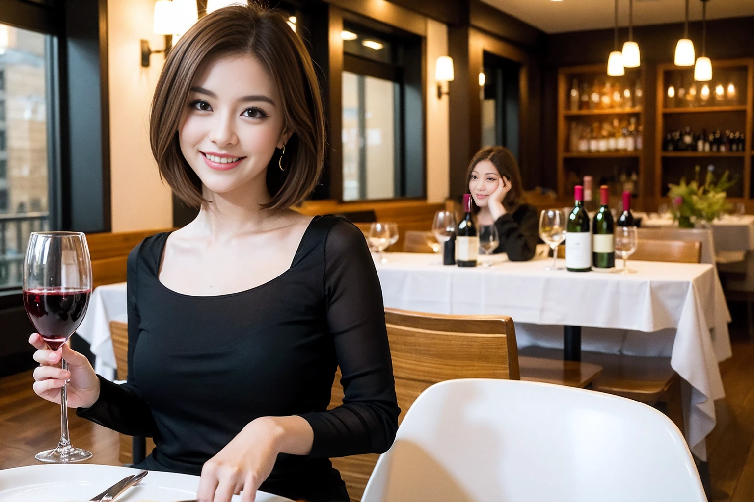 ((Highest quality、8K、masterpiece:1.3))、cute、slimカップル、modelカップル、actress男優、(Realistic, Intricate details:1.2), full-course dinner、Wine Party、Amazing view of the sunset sky and clouds、A bright smile、short hair,Bright Face、 (Age 45), 42 years old, red wine 、Appetizers、Italian food、Wine bottle、Champagne、sparkling wine、Two beauties、Brown Hair、Shortcuts、Long sleeve shirt、dress、Beautiful woman 1, (slimな顔), (The body is slim), (Brown Hair), (Shortcuts), cheeks turn a little red,Attractive beauty、restaurant, In a prominent place (From the waist up) Nova Frog Style, actress, model, Upper Body, White wine, slim, wine glass, 中央に置かれたwine glass, smile, (smile: 1.15), Beautiful fine grain, Depth f/2,saturation, High Contrast, Strong light and shadow,Moist Body:1.5、3D texture、Delicate eyes、Brown Hair、The hair is very shiny、