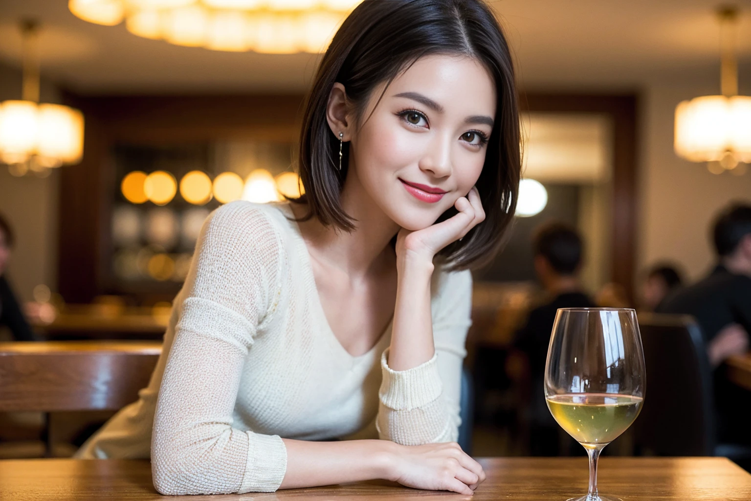 ((Highest quality、8K、masterpiece:1.3))、cute、slimカップル、modelカップル、actress男優、(Realistic, Intricate details:1.2), full-course dinner、Wine Party、Amazing view of the sunset sky and clouds、A bright smile、short hair,Bright Face、 (Age 45), 42 years old, red wine 、Appetizers、Italian food、Wine bottle、Champagne、sparkling wine、Two beauties、Brown Hair、Shortcuts、Long sleeve shirt、dress、Beautiful woman 1, (slimな顔), (The body is slim), (Brown Hair), (Shortcuts), cheeks turn a little red,Attractive beauty、restaurant, In a prominent place (From the waist up) Nova Frog Style, actress, model, Upper Body, White wine, slim, wine glass, 中央に置かれたwine glass, smile, (smile: 1.15), Beautiful fine grain, Depth f/2,saturation, High Contrast, Strong light and shadow,Moist Body:1.5、3D texture、Delicate eyes、Brown Hair、The hair is very shiny、
