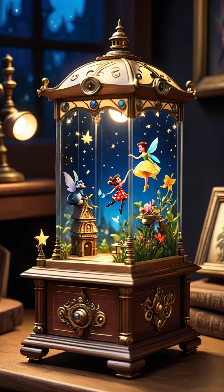 4K detailed photography. (Disney Pixar style photography: 1.5) A music box with a fairy motif. It rotates.