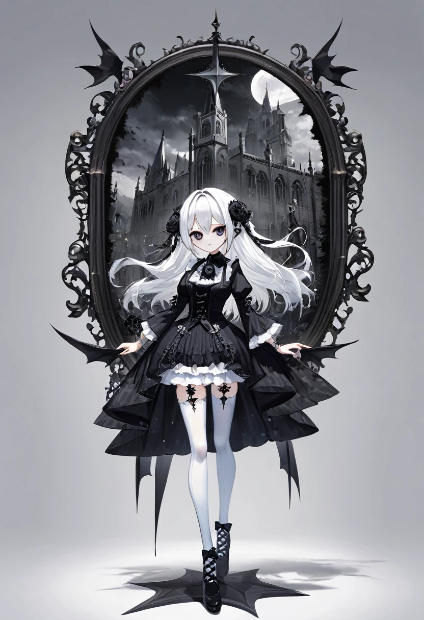 masterpiece, top-quality, masterpiece, top-quality,ighly detailed,{top-quality}, {{masterpiece}}, {hight resolution},original, {extremely delicate and beautiful},masterpiece, top-quality,ighly detailed,{top-quality},white hair, gothic lolita, full body, standing, white thighhighs,