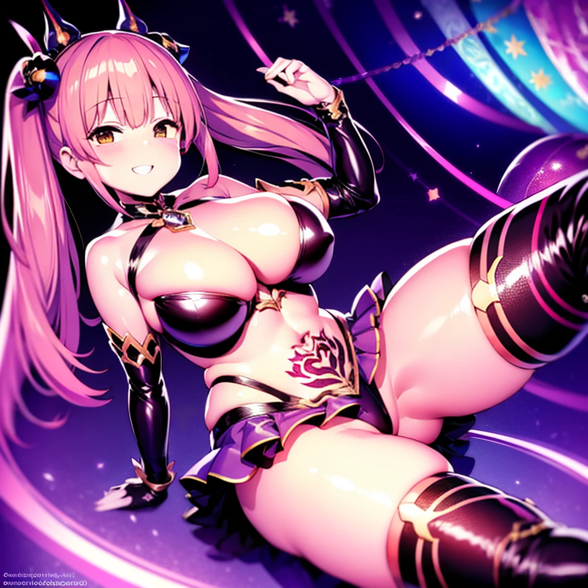 1 female,bright pubic tattoo ((magical girl 1.5)),Skinny body,clavicle, pink hair、wide,twin tails, bright red eyes,absurd, brainwashing,empty eyes, Love, 白いmini skirt, Haigre Pose,Stand, Open your legs,huge breasts, Fearless smile, mini skirt, 全身cipher, (of the highest quality、4k、8k、high resolution、should have:1.2)、super detailed、(reality、realistです、realist:1.37)、heart、hyper high definition、studio lighting、ultra definition paint、sharp focus、Physically based representation、Extreme details、Professional specifications、vitality and color、blurred、sports portrait、landscape、horror style、anime big breasts、Sf、Photography、Conceptual artist、Five fingers, perfect body, {{{Masterpiece}}}, {{{of the highest quality}}}, {{super detailed}}, {cipher}, {{very delicate and beautiful}},Promote cost performance、all roles、Canon 5D MK4でPhotography、sprinkle、Photography,