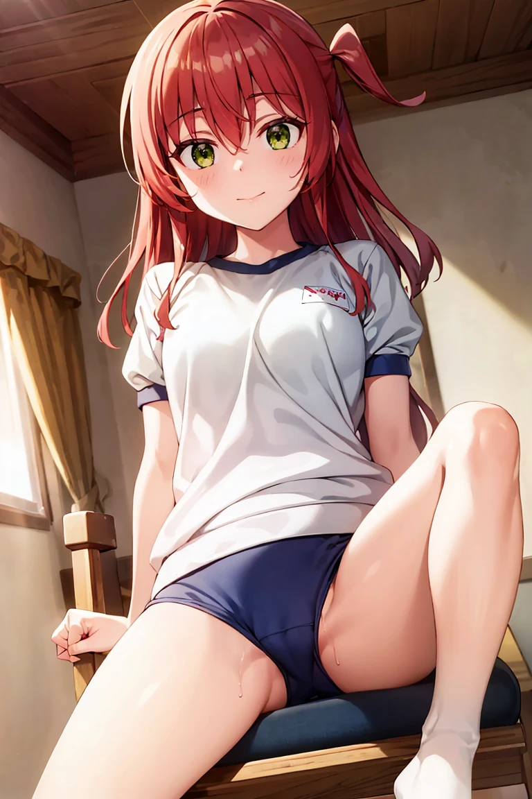 room, 1 Girl, Highest quality, Ultra-high resolution, Long Hair, Redhead, Green Eyes,Looking at the audience, Small breasts , smile, Open your mouth、(Navy blue cuffs and white short-sleeved gym uniform)、(Navy Blue Bloomers)、(
barefoot)、Navy blue socks、Sit on a chair、Sexy pose