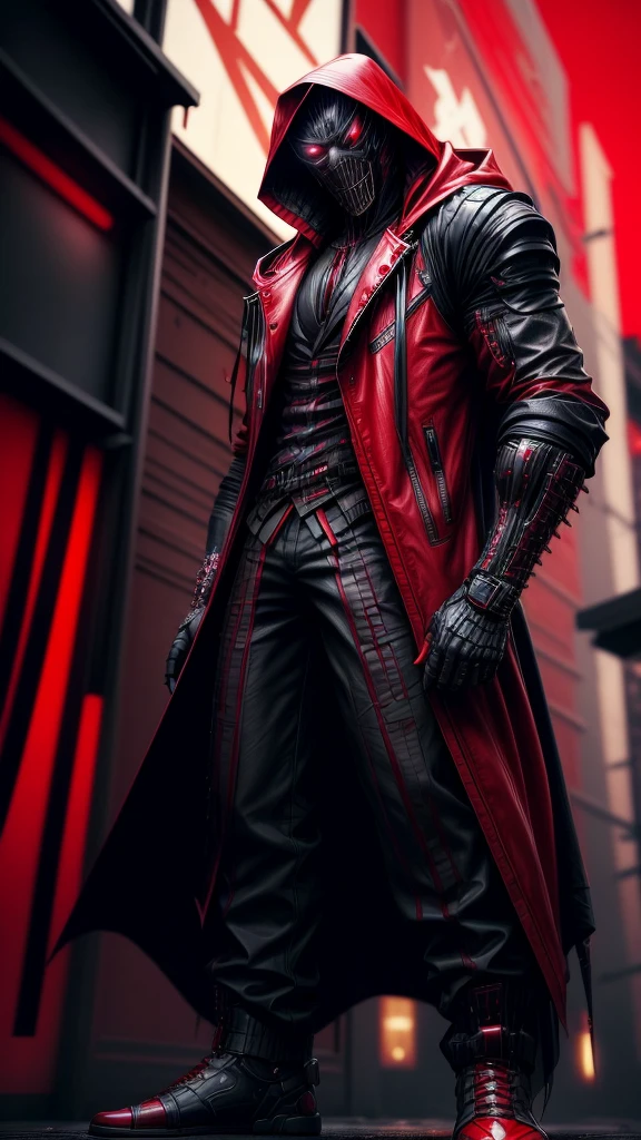 a man in a red jacket and black pants standing in a dark room, wearing cultist red robe, crimson attire, character from mortal kombat, as a character in tekken, fighting game character, cyberpunk assassin, red hooded mage, cyberpunk outfits, crimson clothes, the red ninja, wearing leather assassin armor, an edgy teen assassin, cool red jacket, cyberpunk street goon