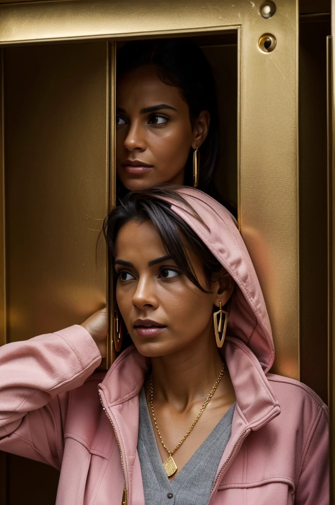 In the man's hiding place, the man saw a woman who was cheating with her young husband, wearing a pink jacket, a gold necklace and gold earrings.