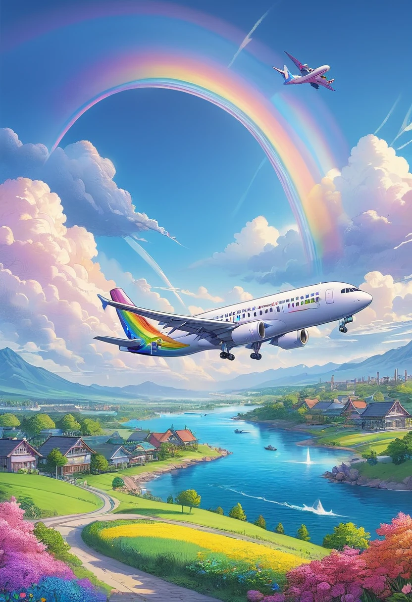 A world full of rainbow colors、Rainbow Airplane、A plane flying in a rainbow sky，colorful，Beautiful rainbow clouds，wonderful景色，Utopia，An atmosphere full of dreams and hope，masterpiece．16K, Ultra-high resolution, Ultra-high resolution, to be born,wonderful ,future、Iridescent、The world 30 years from now。