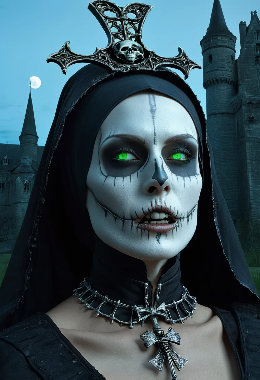 (dark fantasy), (Super wide angle moonlight), Gothic castle front, Skeleton Nun (bow your head, Wearing ragged nun clothes，green eyes, open mouth) ,  concept digital art, Sky blue and gray, (masterpiece, best quality, ultra high definition, Very detailed, movie lighting), Gothic