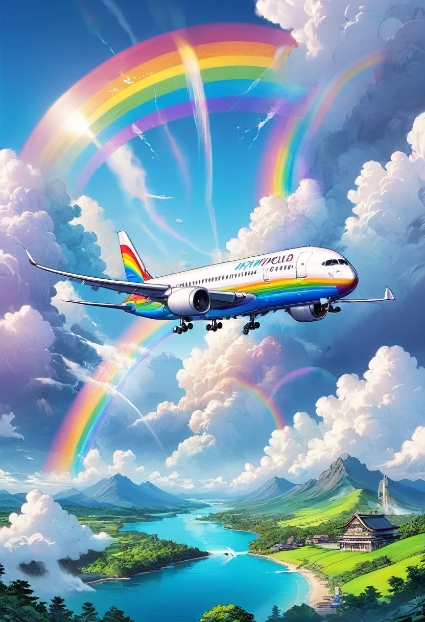 A world full of rainbow colors、Rainbow Airplane、A plane flying in a rainbow sky,colorful,Beautiful rainbow clouds,wonderful景色,Utopia,An atmosphere full of dreams and hope,masterpiece.16K, Ultra-high resolution, Ultra-high resolution, to be born,wonderful ,future、Iridescent、The world 30 years from now。