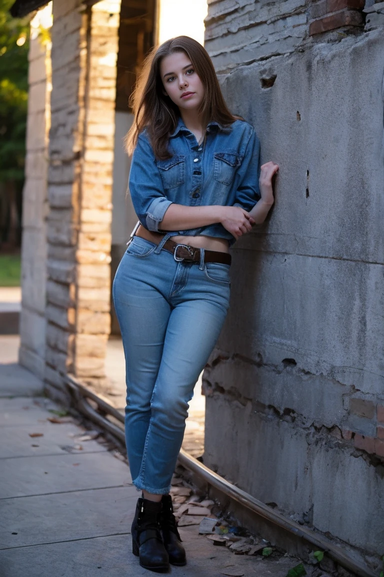 Realistic photo of solo beautiful teenage girl ,Standing on the wall of an abandoned building ,night