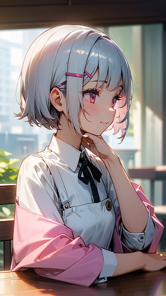 １girl、Short silver bob hair held together with a hair clip, Pink Eyes、I really like it、smile、profile、Face close-up、Morning Cafe Terrace、Background blur, Written boundary depth