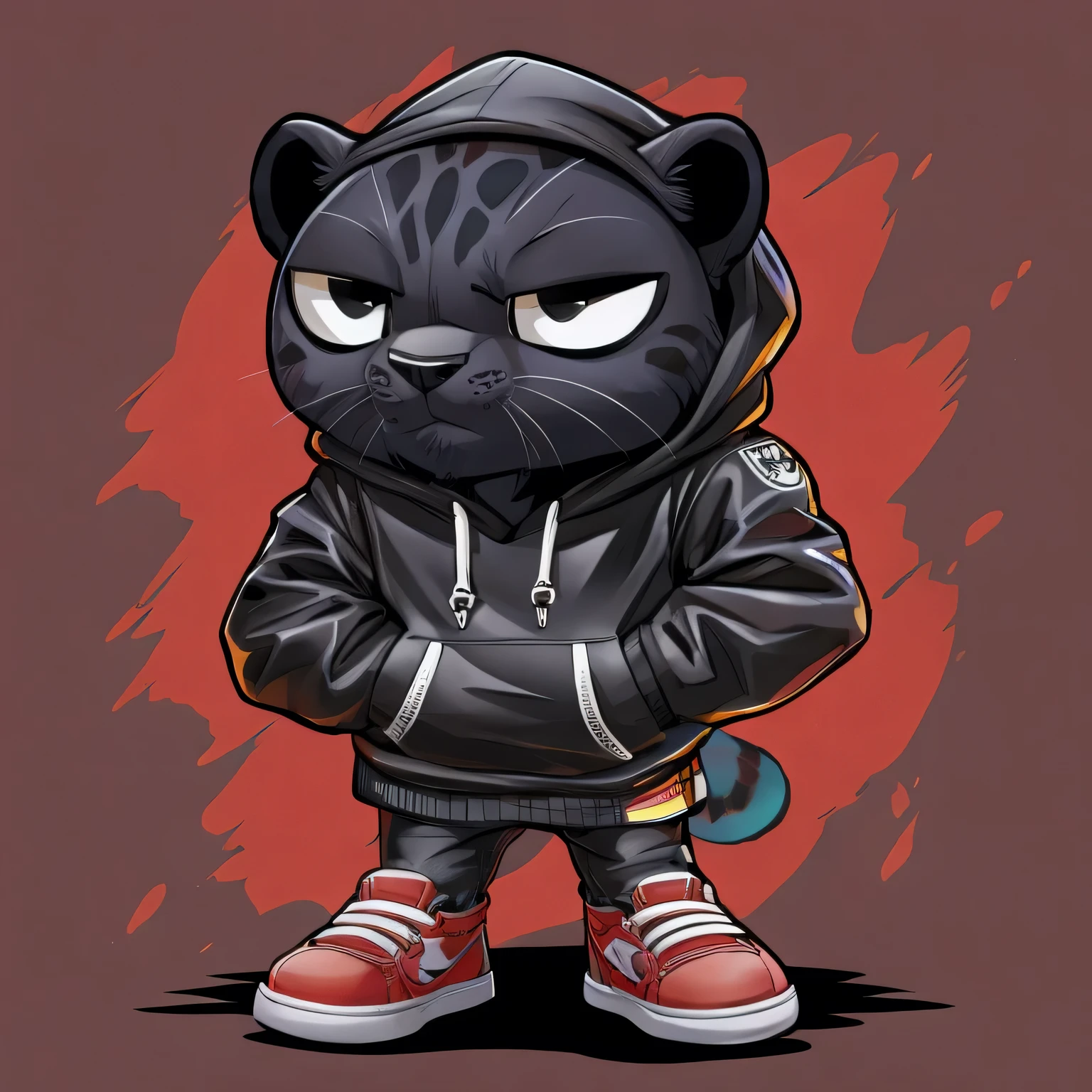 A cool Black Leopard wearing black hoodie, hands in pockets, black pants, black sneaker