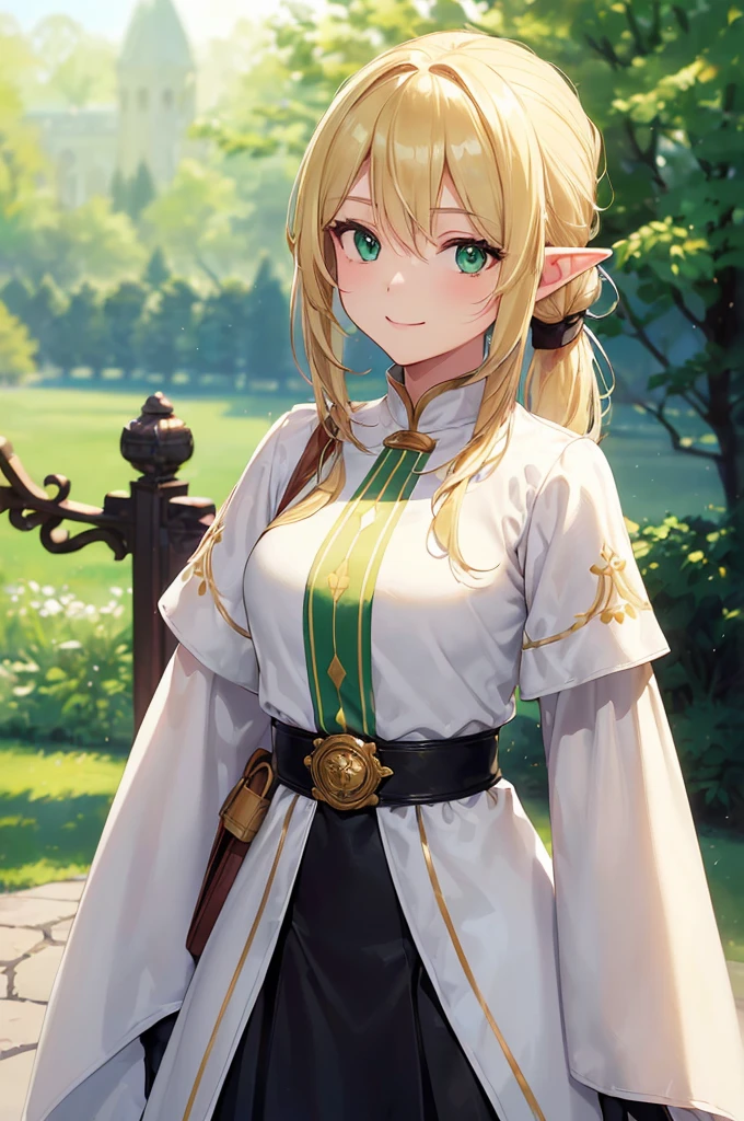 (((masterpiece; best quality: 1.2))), (finely detailed eyes: 1.3), (25 year old elf woman), (solo), (green eyes: 1.4), (body; lithe, fit, femenine: 1.3), (silky blonde hair + low ponytail: 1.3), (beautiful and clear background: 1.2), ((depth of field)), (equipment: adventurer attire + modest + long white tunic-coat + black longskirt + gloves + belt + pouches: 1.3), (anime illustration: 1.2), (background composition; royal garden: 1.1), (extremely fine and beautiful: 1.1), (shot composition; standing + centered on torso + close-up: 1.5), (expression; calm, smile: 1.2)
