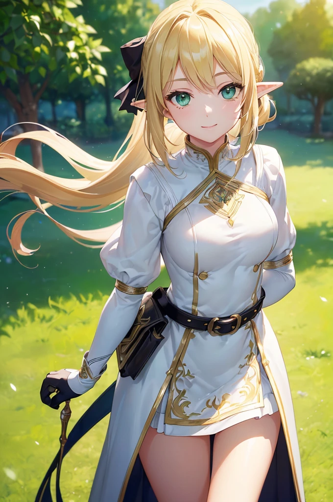 (((masterpiece; best quality: 1.2))), (finely detailed eyes: 1.3), (25 year old elf woman), (solo), (green eyes: 1.4), (body; lithe, fit, femenine: 1.3), (silky blonde hair + low ponytail: 1.3), (beautiful and clear background: 1.2), ((depth of field)), (equipment: adventurer attire + modest + long white tunic-coat + black longskirt + gloves + belt + pouches: 1.3), (anime illustration: 1.2), (background composition; royal garden: 1.1), (extremely fine and beautiful: 1.1), (shot composition; standing + centered on torso + close-up: 1.5), (expression; calm, smile: 1.2)