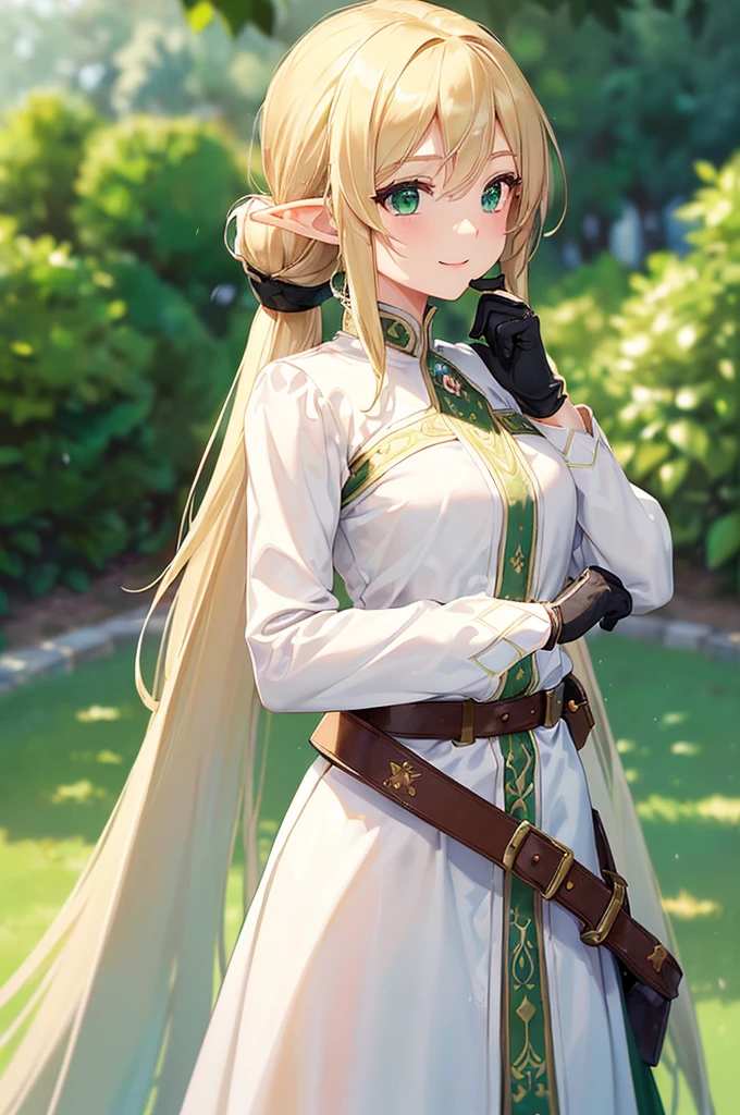 (((masterpiece; best quality: 1.2))), (finely detailed eyes: 1.3), (25 year old elf woman), (solo), (green eyes: 1.4), (body; lithe, fit, femenine: 1.3), (silky blonde hair + low ponytail: 1.3), (beautiful and clear background: 1.2), ((depth of field)), (equipment: adventurer attire + modest + long white tunic-coat + black longskirt + gloves + belt + pouches: 1.3), (anime illustration: 1.2), (background composition; royal garden: 1.1), (extremely fine and beautiful: 1.1), (shot composition; standing + centered on torso + close-up: 1.5), (expression; calm, smile: 1.2)