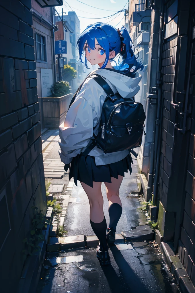 (masterpiece), (high resolution 8K), professional illustration, 1 girl, late teenage, walking, turn around, arched back, full body, dutch angle, bird's eye view, hoody, mini-skirt, back pack, blue hair, smile, looking away, cityscape in Tokyo, night, high contrast, professional lighting, stunning face, symmetrical clear eyes, detailed eyes and face
