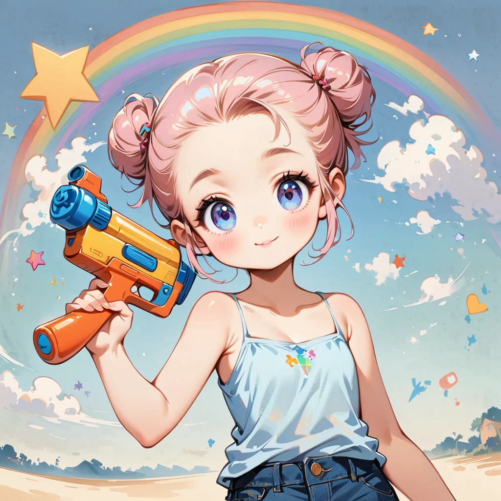 Light blue short hair、Camisole、Wearing short jeans pants、Girl with pale pink hair、Forehead exposed and bun hairstyle、Paint a rainbow on a blue sky background、Play with a water gun、Cartoon style character design，interesting，interesting，Clean Lines