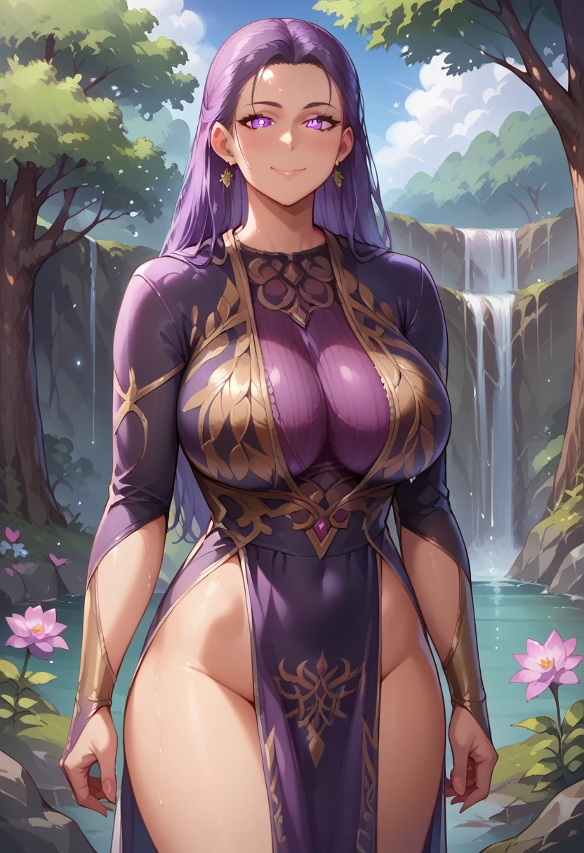 nanao yukiji style, mystra, mystra \(baldurs gate\), mystra goddess \(baldurs gate\),1girl, solo, long hair, huge breasts, looking at viewer, smile, dress, jewelry, heavy breasts, breast expansion, closed mouth, standing, purple eyes, purple hair, flower, cowboy shot, earrings, outdoors, tree, vivid lips, groin, no panties, glowing, nature, glowing eyes, pelvic curtain, lifting skirt, detailed pussy, wet pussy, phat_pussy, forehead, arms at sides, internal view(ovulating, ovum).