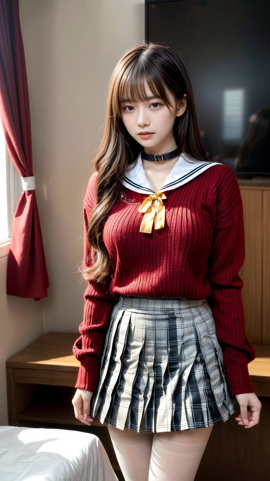 (absurdres:1.3), (highres:1.3), (ultra detailed:1.3),(1girl:1.3), (extremely detailed CG unity 8k wallpaper:1.3), (detailed skin texture, detailed cloth texture, detailed hair texture), (beautiful detailed face, supermodel, pale skin, realistic glistening skin), (RAW photo, best quality), (realistic, photo-realistic:1.4), masterpiece, extremely delicate and beautiful,Amazing, finely detail, extremely detailed CG unity 8k wallpaper, huge filesize, ultra-detailed, highres, absurdres, soft light,rim light, vibrant details, hotel room, straight hair, large breasts, black hair color, Big Natural Color Lip, (perfect body shape), beautiful legs, BREAK (red theme:1.4), (school uniform:1.2), (fusion of red sweater and red shirt with sailor-collar:1.4), (tucked out uniform tops:1.4), (long sleeve:1.2),
BREAK (yellow theme:1.3), (sailor-collar with yellow ribbon:1.3),
BREAK (black and white plaid-pattern pleated-skirt:1.3), (pantyhose:1.2), (loafers:1.1), crying a little、Harajuku style、20 year old girl、cute type、lolita、