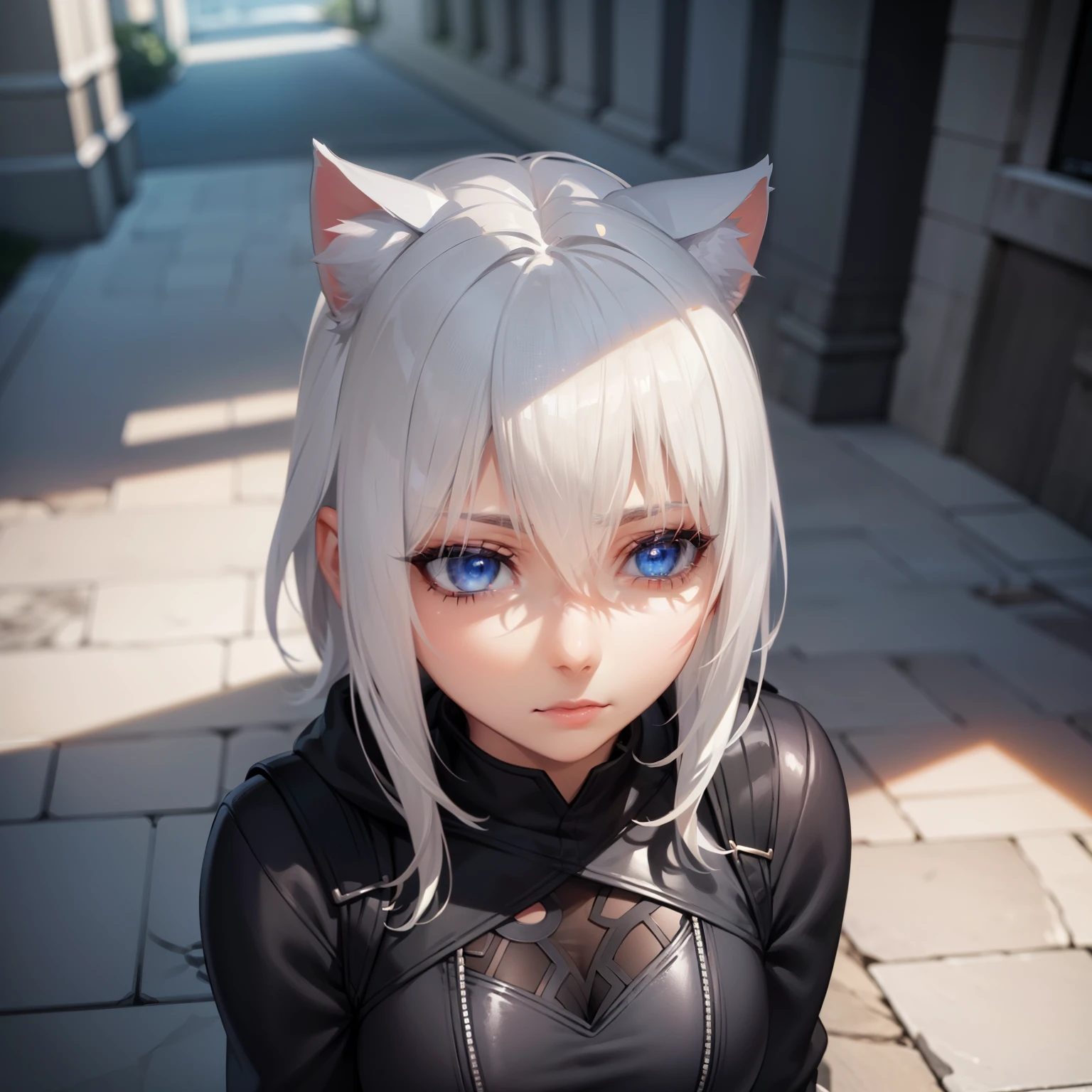 1 girl, character with cat ears, silver hair, short hair, beautiful detailed eyes, beautiful detailed lips, extremely detailed eyes and face, long eyelashes, wearing black hooded outfit, thigh-high stockings, garters, short shorts, (best quality,4k,8k,highres,masterpiece:1.2),ultra-detailed,(realistic,photorealistic,photo-realistic:1.37),concept art, fantasy, cinematic lighting, dramatic shadows You decided to wear a hoodie and covered your body, hiding yourself Rey 