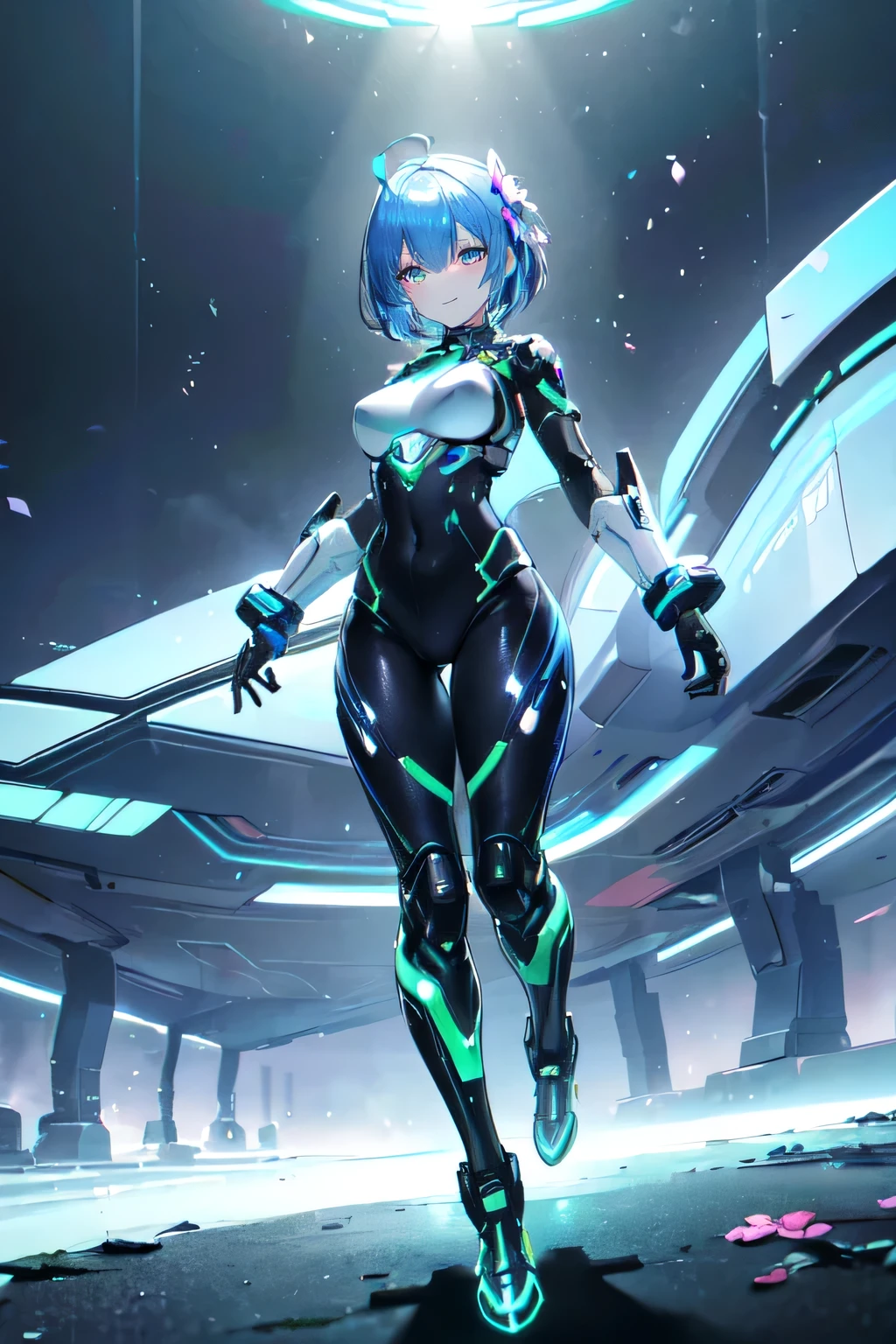 (masterpiece, best quality,Super detailed),(random angle,1girl,A cool and blushing female cyborg in her late twenties with short, metallic blue hair, glowing green cybernetic eyes, and a shy smile. She wears a sleek silver bodysuit with integrated tech armor, augmented gloves, and high-tech boots. She is standing in a beautiful futuristic park with floating flowers and shimmering streams,