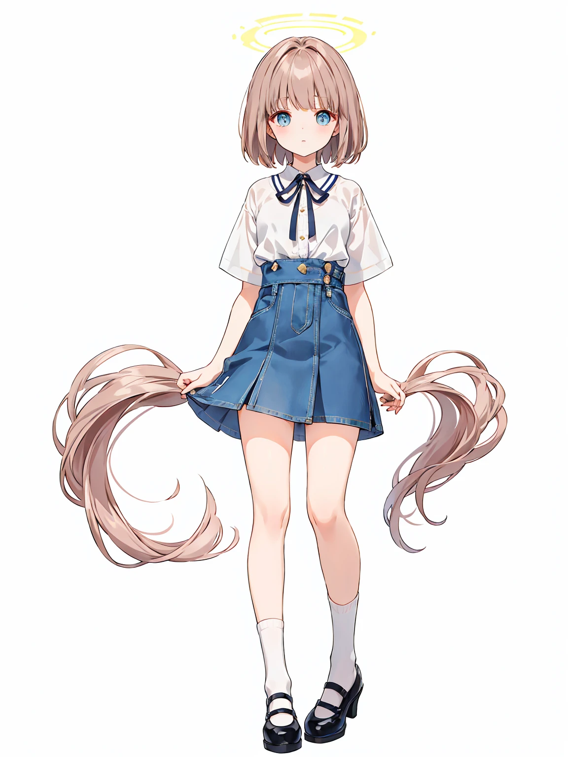 Full body ,dynamic Standing with arms crossed,(เหมือนจริง:1.37)、Photorealsitic, Bright indoor, Soft light, Low contrast, Shallow depth of field, Beautiful adult woman illuminated by gentle light, short length bangs, hair color is a dark chestnut shade with a slight brown tone, hair with a subtle and gentle wave, Short bob hair, (White blouses), (Denim miniskirt), (Silk White Socks), (pumps), (Full body:1.5), Blank white background, (white background), Transparent background, looking down, ((masterpiece, illustration, best quality)) 