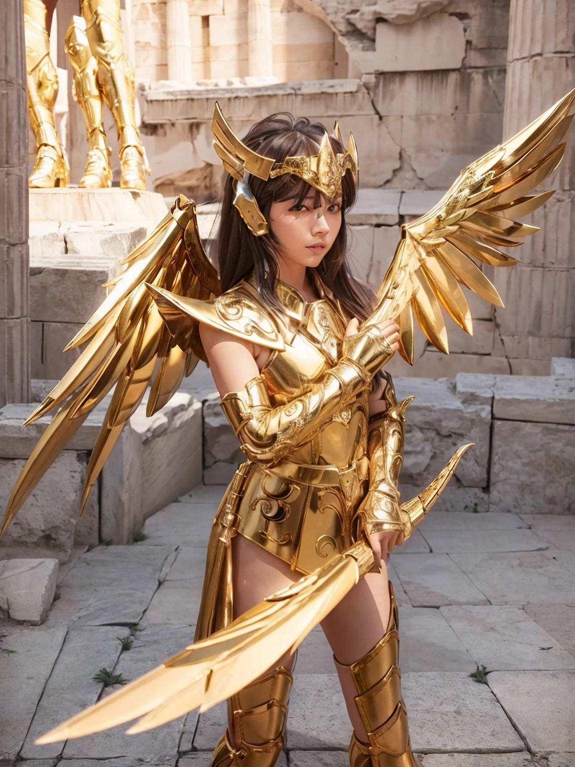 masterpiece, Highest quality, Very detailed, 16K, Ultra-high resolution, Cowboy Shot, Detailed face, Perfect Fingers, 1 female, , Greece, In front of the Parthenon, Sagittarius Armor, armor, golden armor, wing, Helmet, long metal wing, long golden wing