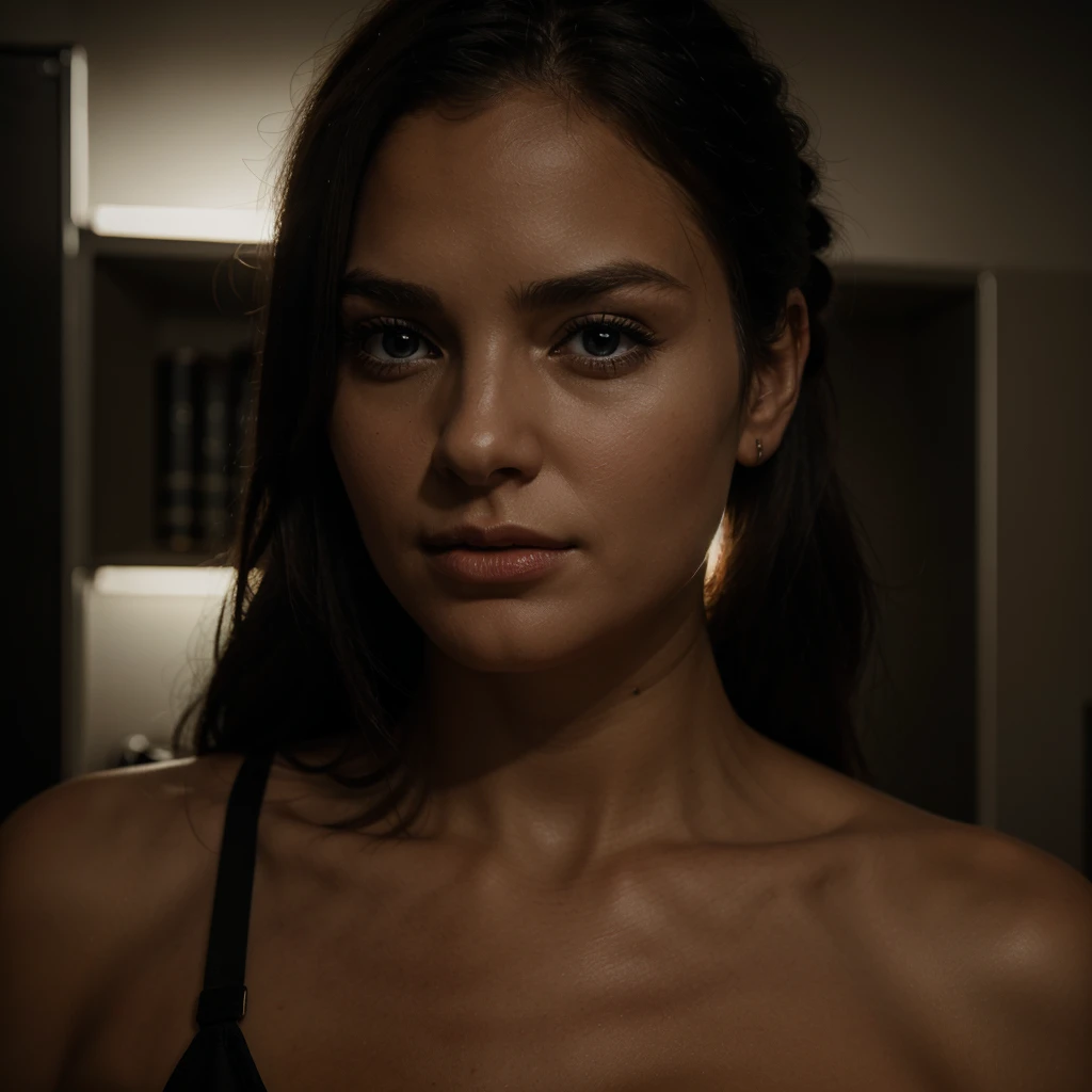 a chiaroscuro portrait of a beautiful woman, elegant lady, detailed facial features, piercing eyes, lush lips, long dark hair, porcelain skin, dramatic lighting, high contrast, deep shadows, warm tones, cinematic, dramatic, photorealistic, award winning, 8k, hyper detailed, masterpiece