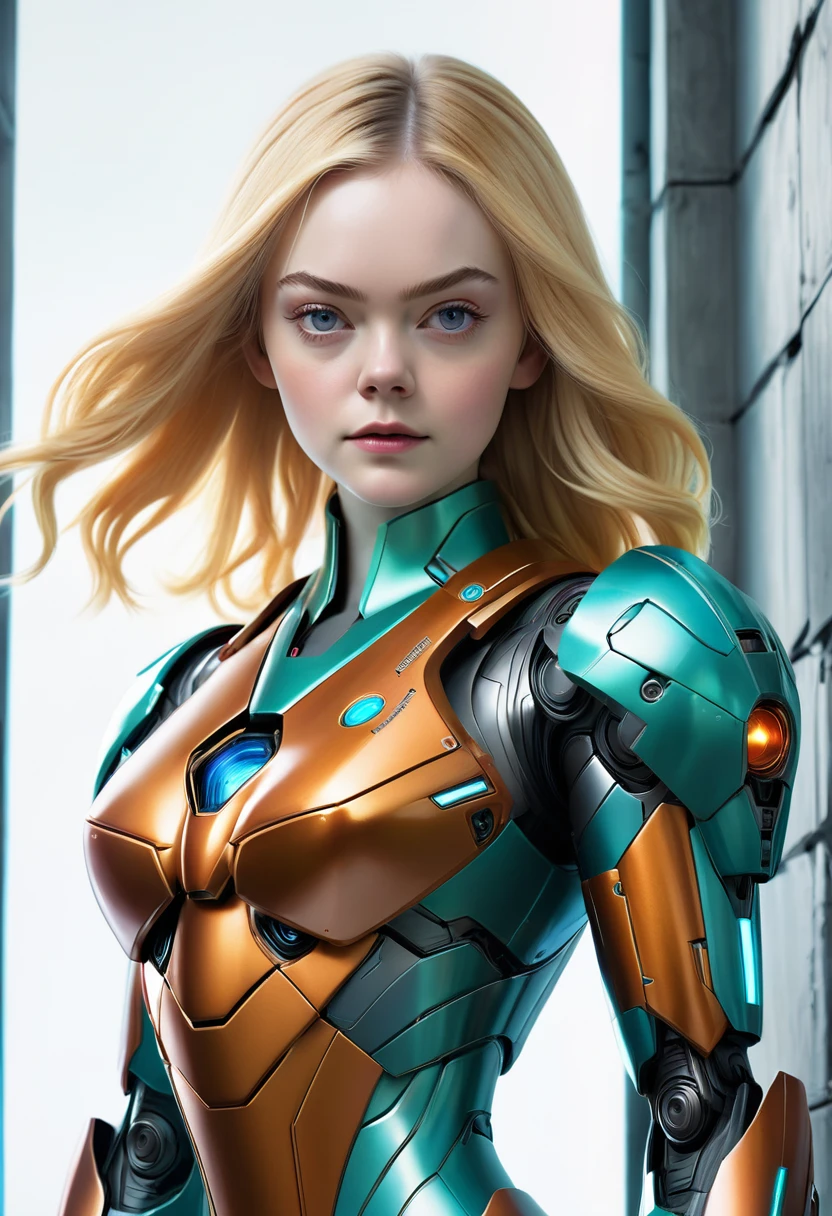 there a woman that standing in front of a wall, elle fanning as an android, portrait of beautiful samus aran, album art, hyper realistic sci fi realistic, highly detailed vfx portrait, symmetrical portrait scifi, sci - fi look, beutiful white girl cyborg, woman and robot, portrait of a sci - fi woman, inspired by Vincent Lefevre