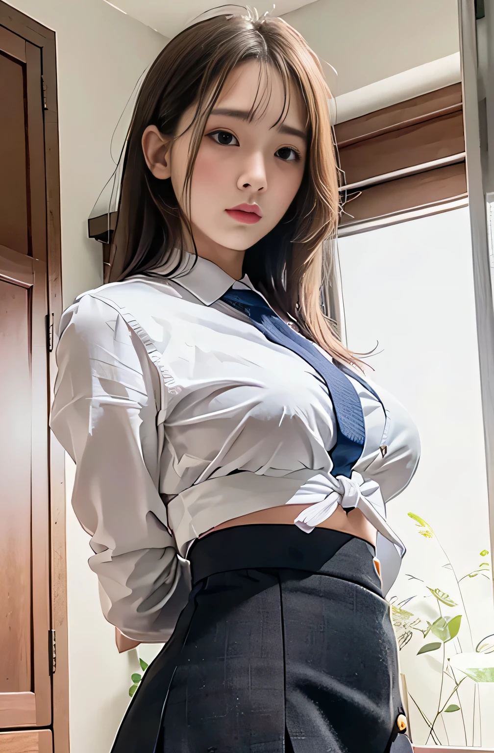 (In 8K、RAW Photos、Highest quality、Realistic、Realistic、Professional Lighting、masterpiece、Very delicate and beautiful、Very detailed、finely、Very detailedな、High resolution、Full Shot)、software、Classroom scenario、1 Girl、Beautiful woman(Woman 1)、Tie your hands behind your back、、She is wearing a white jacket and a white tight mini skirt.、Beautiful Face:1.5、Slim ure、Big Breast、Rope Bondage、She is standi
