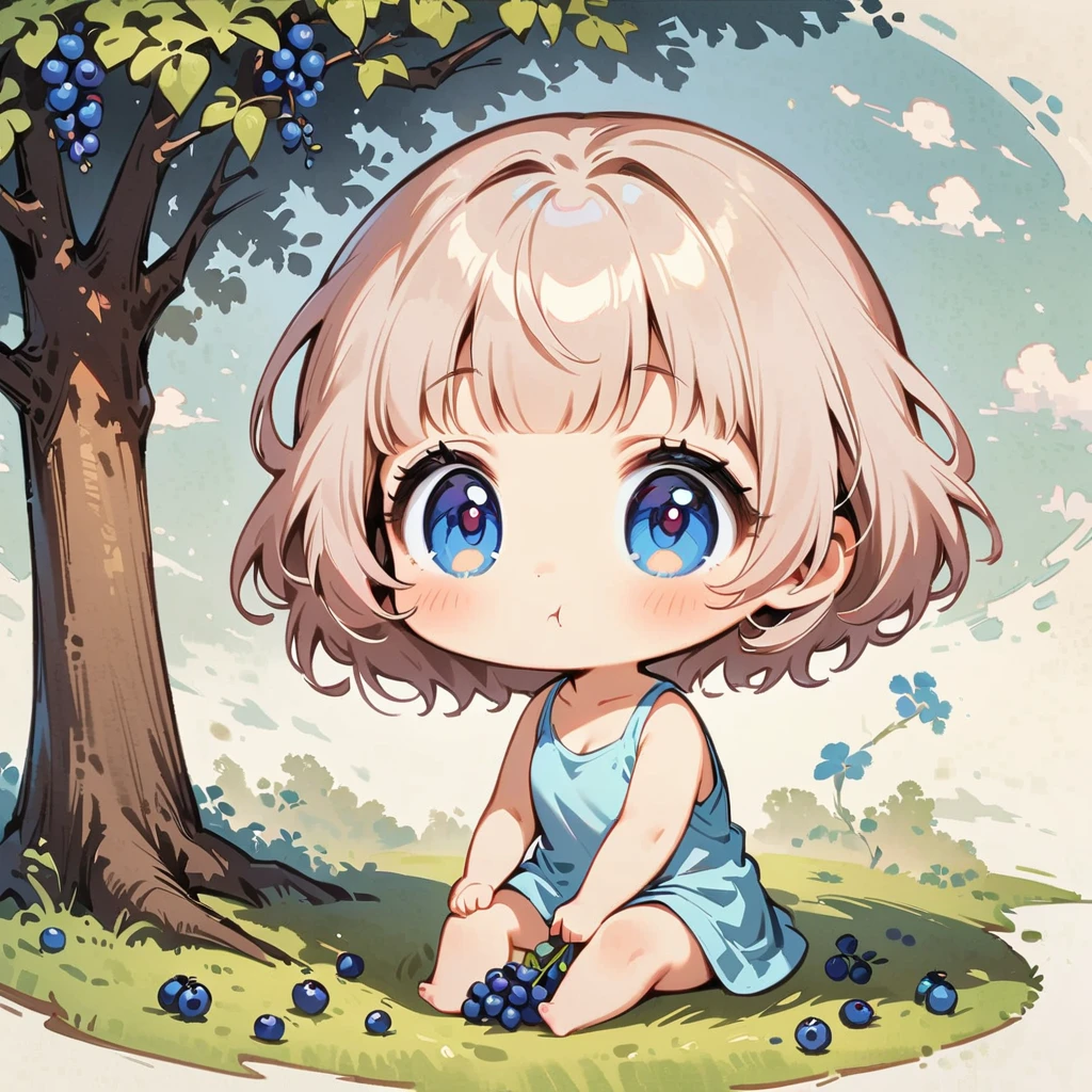Brown short hair、pale pink hair、Sitting、Make the face a little slimmer、Blueberry field、There are lots of blueberries on the trees、Picking and eating blueberries、Cartoon style character design,1 Girl, alone,Big eyes,Cute expression,Tank top、interesting,interesting,Clean Lines