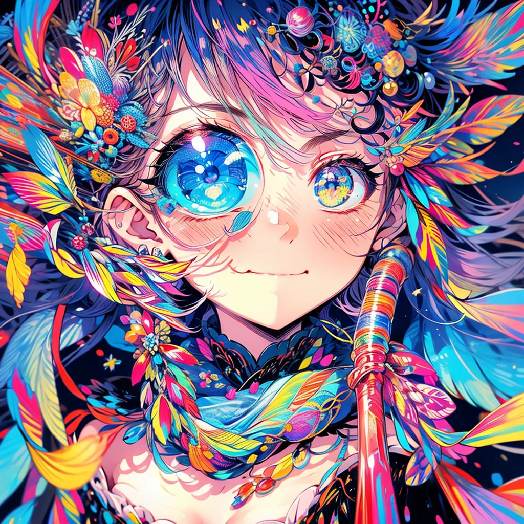 masterpiece、Colorful Hair、Delicate eyes、smile、Hair tied up、Beautiful hair ornaments、Upper Body、(((Embarrassed face)))、night、Ocean、firework