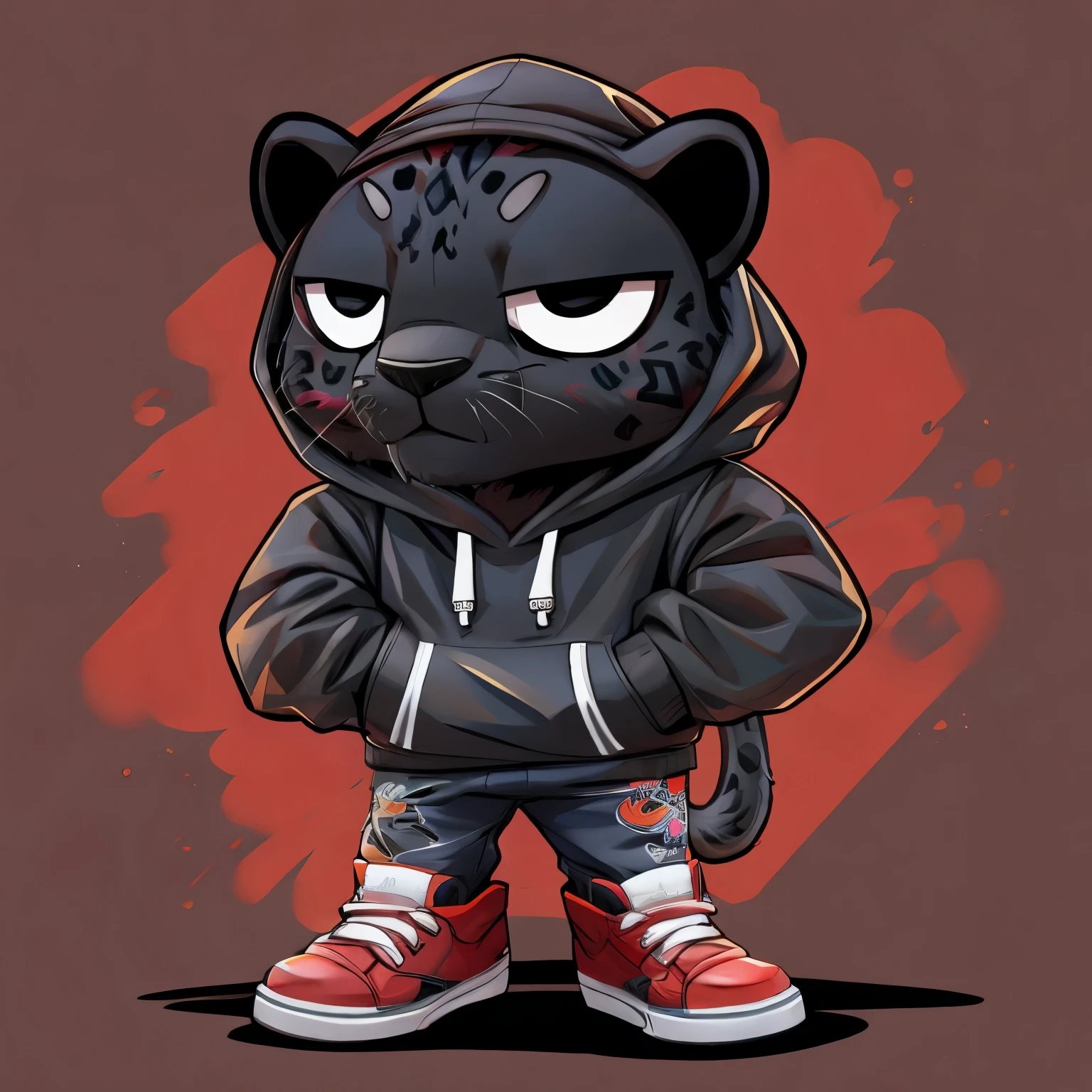 A cool Black Leopard wearing black hoodie, hands in pockets, black pants, black sneaker