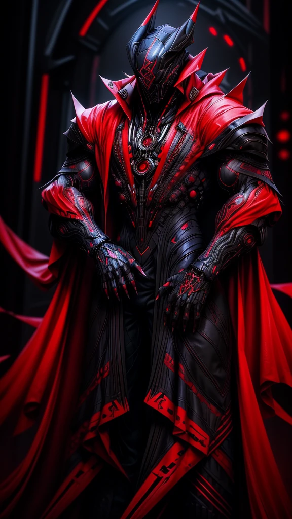 a man in a red jacket and black pants standing in a dark room, wearing cultist red robe, crimson attire, character from mortal kombat, as a character in tekken, fighting game character, cyberpunk assassin, red hooded mage, cyberpunk outfits, crimson clothes, the red ninja, wearing leather assassin armor, an edgy teen assassin, cool red jacket, cyberpunk street goon