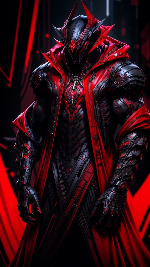 a man in a red jacket and black pants standing in a dark room, wearing cultist red robe, crimson attire, character from mortal kombat, as a character in tekken, fighting game character, cyberpunk assassin, red hooded mage, cyberpunk outfits, crimson clothes, the red ninja, wearing leather assassin armor, an edgy teen assassin, cool red jacket, cyberpunk street goon
