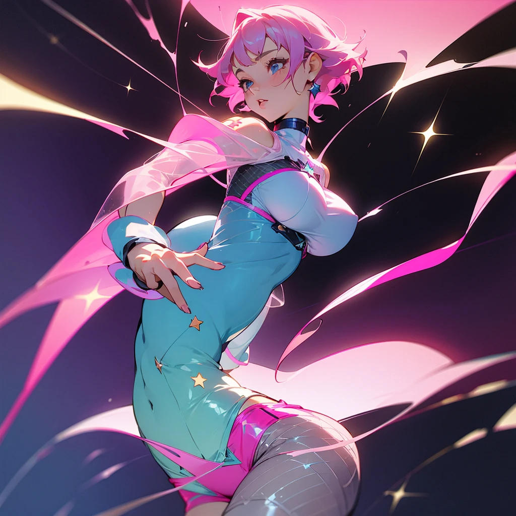 A girl of around 19 years old with short pink hair down to her body and a star on her cheek., a shirt covering only her large breasts and very short pants with transparent mesh stockings and a pink light background
