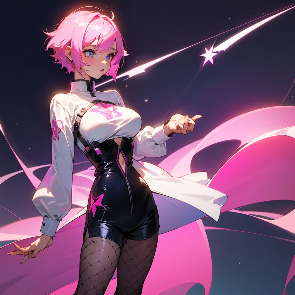 A girl of around 19 years old with short pink hair down to her body and a star on her cheek., a shirt covering only her large breasts and very short pants with transparent mesh stockings and a pink light background