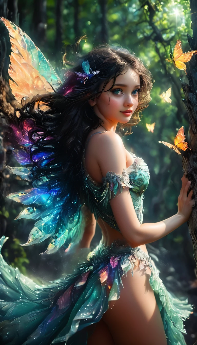 beautiful extreme tall fairy forest green clothes and eyes, large bright iridescent luminescent fairy wings, black full wavy curly wind blown hair, happy loving, on a forest trail in the deep woods illuminated by here ethereal magic and multitude of forest insects butterflies moths and sprite tracers, unity 8k wallpaper, ultra detailed, beautiful and aesthetic, masterpiece, best quality, cowboyshot, the most beautiful form of chaos, elegant, a brutalist designed, vivid colours, solo, solo, dramatic lighting, , Realist portrait of a inclusion of ( breathtaking ethereal RAW photo of female ((extremely realistic photo)), (professional photo), (cowboy shot:1.25). award-winning photography, hyperrealistic, raw photo, fuji velvia. , sexy pose, . TSUBAKIDEF, ((((Full body shot of stunning beauty woman)),8k