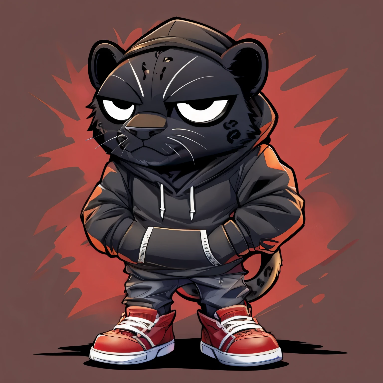 A cool Black Leopard wearing black hoodie, hands in pockets, black pants, black sneaker