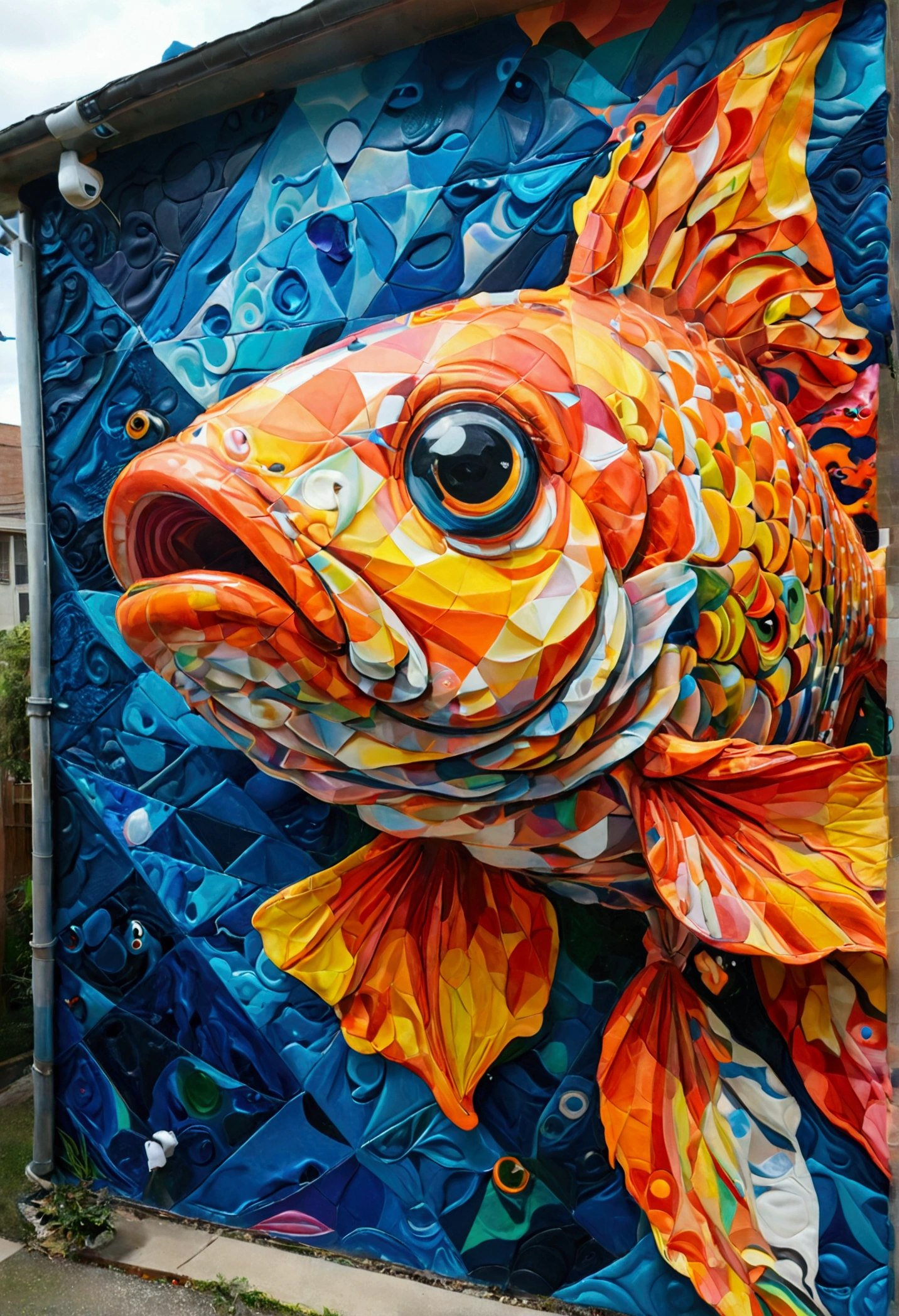 ( A SCHOOL OF FISH ),(best pose),(best angle), (best expression), Eduardo Kobra quilting ,multidimensional geometric wall PORTRAIT, until, chibi,o 08k, comely, Coloring,